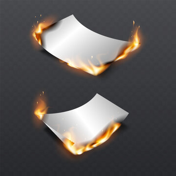 Burning paper sheets set with realistic fire flames, glowing embers and smoke effect.