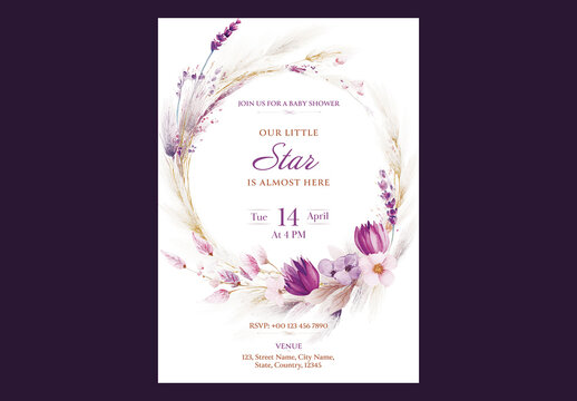 Editable Baby Shower Invitation Template Design with Floral Decoration Background.
