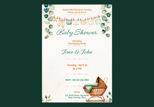 Editable Baby Shower Invitation Template Design with Hanging Baby Clothes on Rope and Stroller.