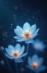 Fototapeta premium Close up of luminous white flowers. Soft blue glow and bokeh lights create a dreamy, magical atmosphere. Delicate petals unfurl in the dark night.