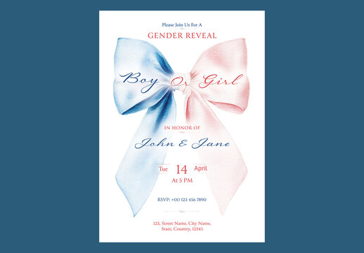 Editable Gender Reveal Party Baby Shower Invitation Template with Pink and Blue Bow Ribbon Design.