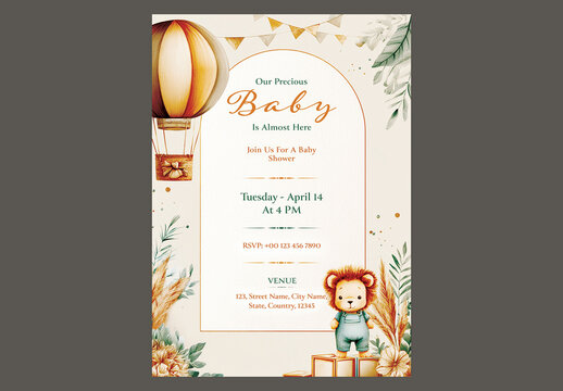 Editable Baby Shower Invitation Template Design with Teddy Lion in Jungle Theme Decoration and Floating Hot Air Balloon.