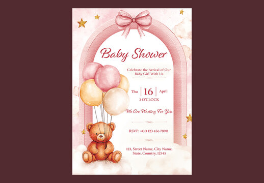 Editable Baby Shower Invitation Template Design with Cute Teddy Bear Holding Balloons in Front of Arch Decoration.