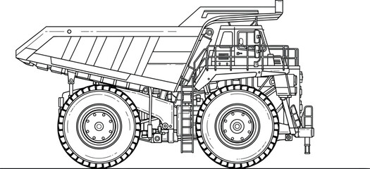 Mining dump truck line art vector, heavy haul truck illustration, industrial construction vehicle outline, quarry transport machinery design © Masud World