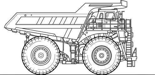 Mining dump truck vector illustration, heavy construction vehicle outline, industrial haul truck design, quarry transport machinery line art © Masud World