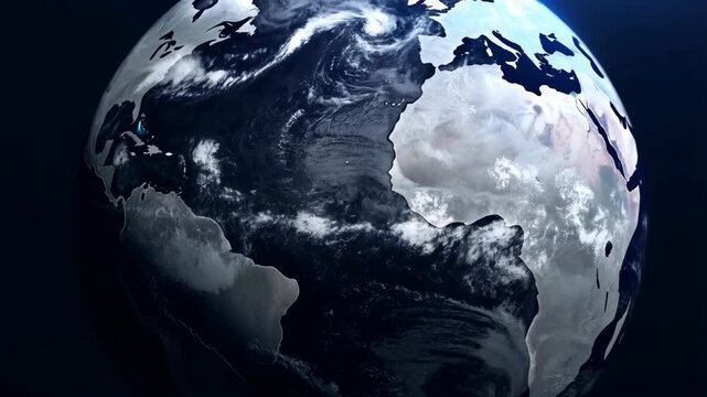 Earth planet with continents in motion and weather patterns featuring globe, clouds, atmosphere with space and world elements for geography,
