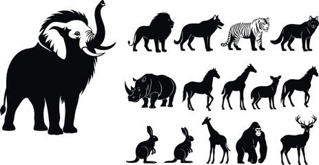 Wild animal silhouettes vector collection, elephant lion tiger wolf deer giraffe wildlife icons, safari animals set illustration © Masud World