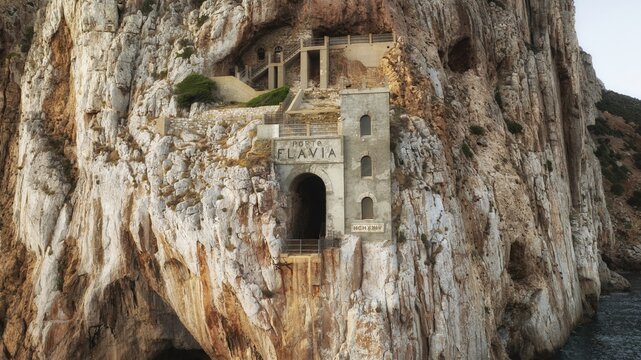 Aerial view of the stark, imposing facade of Porto Flavia, a testament to human ingenuity carved into the rugged cliffs, Masua, Sardegna, Italy.