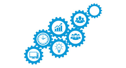 Business Process Automation Vector Illustration with Interlocking Blue Gears and Icons Representing Teamwork, Growth, Time, and Ideas on a White Background