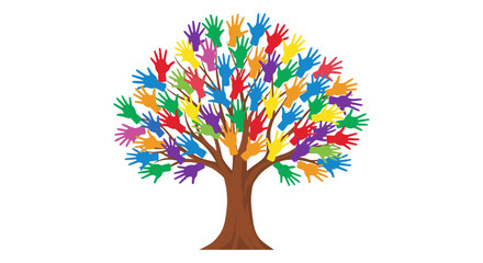 Vibrant Community Tree Illustration with Diverse Colorful Handprints Representing Unity, Teamwork, and Social Inclusion Vector Graphic