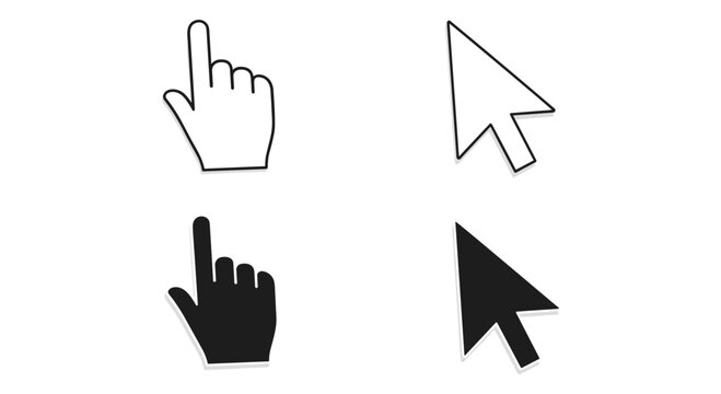 Set of 4 black and white outline and solid fill vector cursor icons, including a pointing hand and an arrow pointer, ideal for web design and user interface elements.