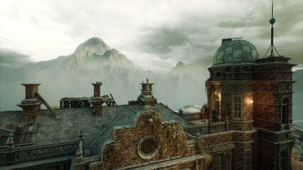 snowy rooftop observatory overlooking misty mountain. ancient stone dome with glowing lantern, crested roofline, distant peak shrouded in cloud, frosted eaves, © icetray