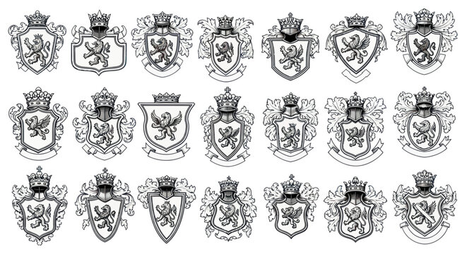 Heraldic Crests Collection: Royal Lions and Crowns, Vintage Emblem Design