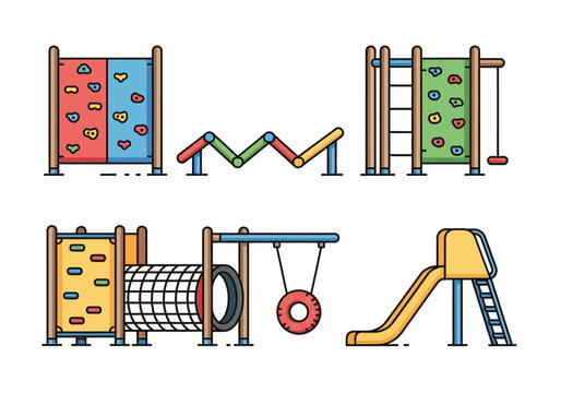 Children's playground equipment set with climbing walls, slides, and swings in a vibrant outdoor setting from a frontal viewpoint