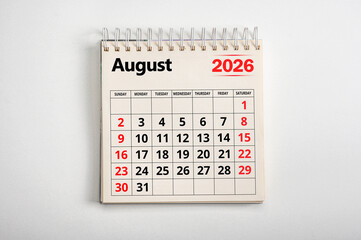 August 2026. Resolution, strategy, solution, goal, business and holidays. Date month August 2026. Page of annual monthly calendar August 2026 planning