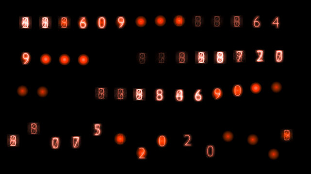 glowing red digital numbers code texture on black background abstract glitch data cyber technology hacker countdown interface hud futuristic display signal