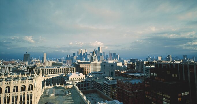 historic building facades meet modern skyline backdrop, ornate cornices and textured masonry visible, narrow rooftop lines, cultural district vibe with layered