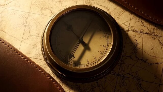 Compass antique brass on old map with leather detail, vintage navigation tool for exploration and adventure, dramatic lighting, top-down view.