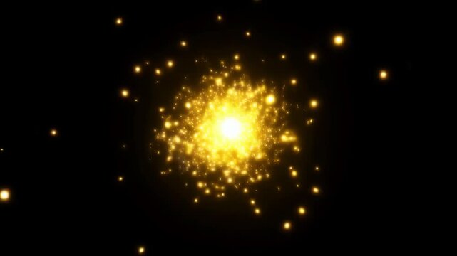 Particles golden glowing with bright light and sparkles in dark space featuring yellow, shining, glare with burst and explosion elements for