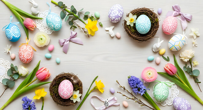 Colorful easter eggs in nests with flowers and candy on white wooden background spring holiday decoration