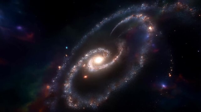 Galaxy collision with vibrant spiral arms and bright stars, celestial cosmic universe space background.