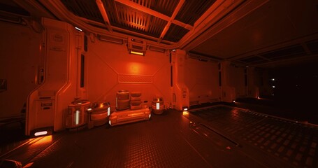 low lit secure storage alcove with crates and labeled containers, subdued red illumination, reinforced walls and locking mechanisms evoke restricted supply room © icetray