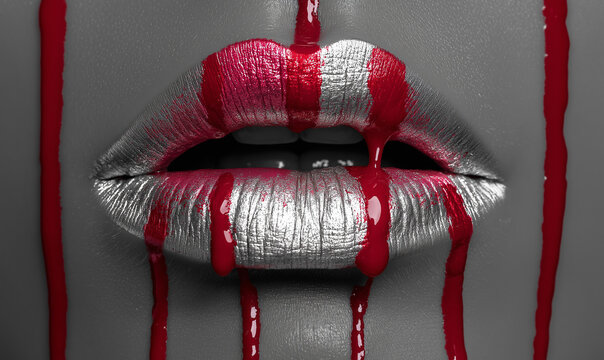 A close-up of a woman's lips painted with silver and red lipstick with drips on a gray background
