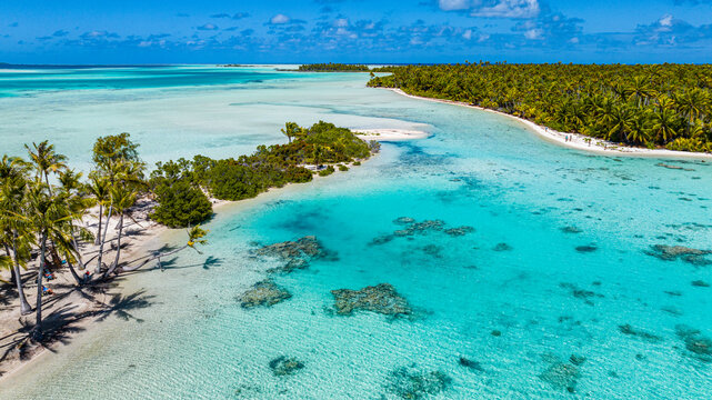 Aerial view of blue lagoon and sandy beach in Fakarava French Polynesia