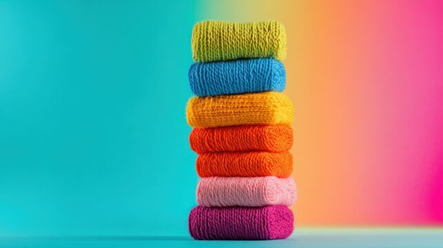 Vibrant yarn balls stacked in rainbow colors