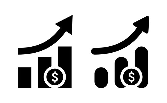 Money growth graph bar icons with dollar symbol and upward arrow in sharp and rounded style