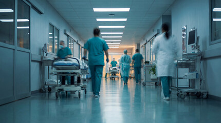 Fototapeta premium Busy hospital corridor with medical staff rushing patients on gurneys during emergency care.