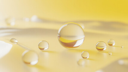 Golden yellow liquid surface featuring delicate floating water bubbles with soft sunlight reflections and warm atmospheric glow.