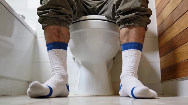 person on toilet in bathroom with white socks blue stripes low-angle view