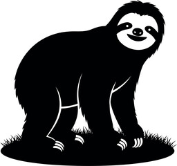 Fototapeta premium Vector Silhouette of Smiling Sloth Standing on Grass, Black and White Animal Illustration