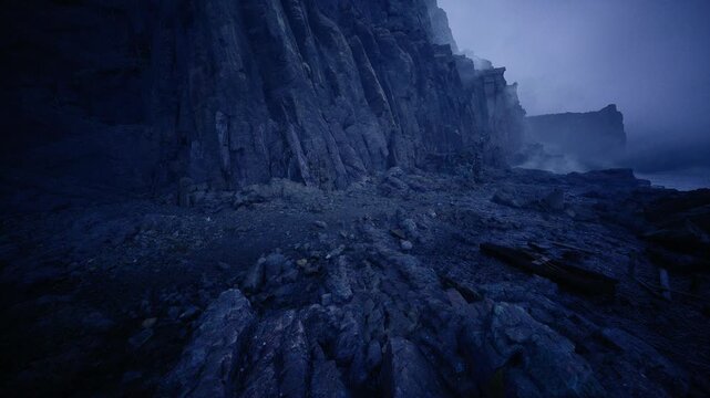 Midnight cliffs shrouded in ash haze, smoldering rockface and drifting cinders, sense of desolation and aftermath, cinematic dystopian mood perfect