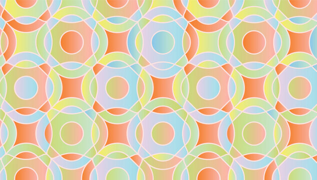 Seamless vector pattern with abstract geometric circles and stars. Soft pastel gradient ornament in orange, green, and blue for modern backgrounds, textile, and elegant packaging design