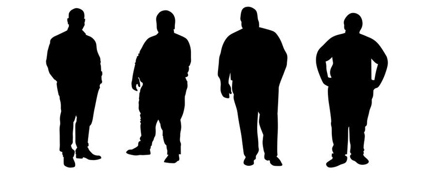 Silhouette of overweight men standing. Set of male figures with obesity or large body types. Group of fat men in casual poses isolated on white background.