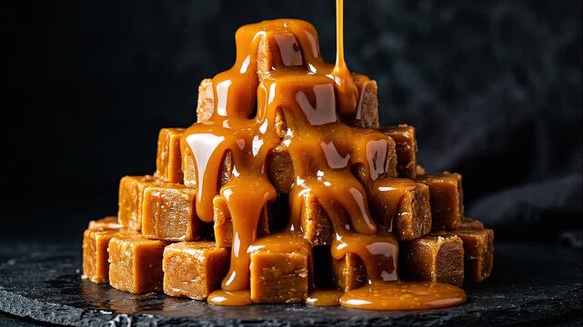 Stack of caramel candy cubes with rich caramel sauce dripping over sweet confection creating indulgent dessert texture concept for National Caramel Day