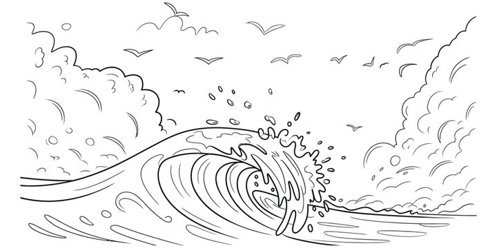 A detailed line drawing of a powerful curling ocean wave with seagulls flying in the sky