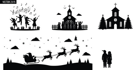 PrintBlack vector silhouettes of Santa Claus sleigh reindeer and people celebrating Christmas holiday. © Nazmun