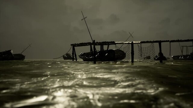 Coastal flood water lapping under pier with eroded supports and storm clouds, murky tide encroaching on coastline, urgent mood highlighting climate risk