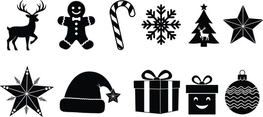 PrintBlack vector silhouettes of Christmas holiday icons with reindeer gingerbread man and santa hat. © Nazmun