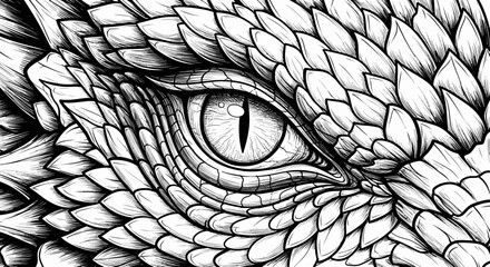 Close-up of a fierce dragon eye with detailed scales, black and white ink drawing © heru
