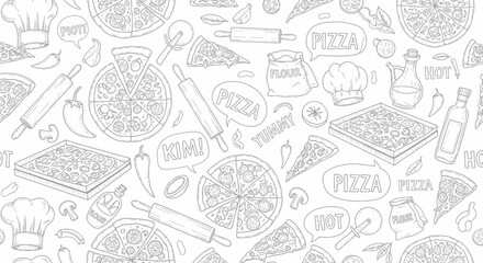 Hand-drawn Pizza Pattern: Ingredients, Tools, and Fun Food Illustrations