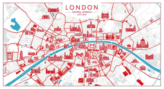 London Central City Map Illustration with Landmarks and River Thames