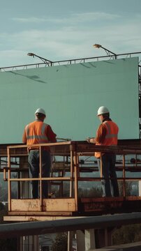 Two male billboard installers wearing safety vests and hard hats working at height on a cherry picker to put up a new advertisement on a large blank roadside sign against a clear sky