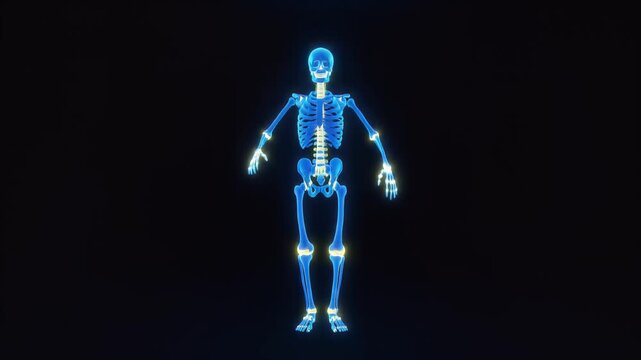 Blue human skeleton with glowing joints demonstrating flexibility on a dark background.