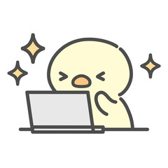 ノートパソコンを見て喜ぶひよこの手書きイラスト © Nitomaru