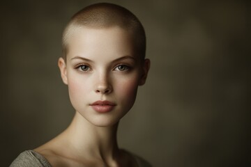 Fototapeta premium Contemporary beauty shot of a shaved-head model with a calm, powerful presence against a neutral background