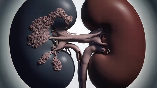 Scientific animation of human kidneys, revealing internal cellular structures and disease comparison.